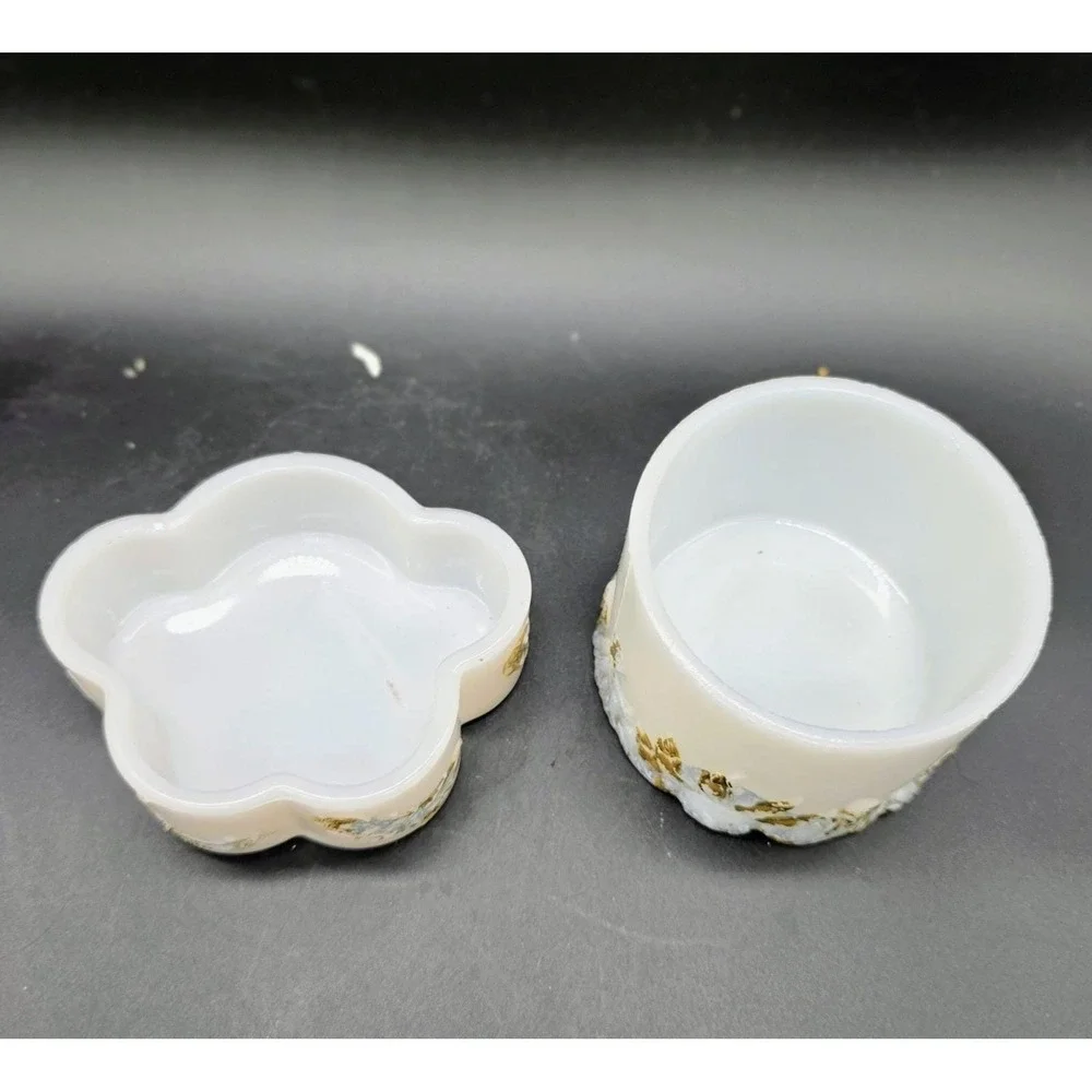 Antique Dithridge EAPG Milk Glass Vanity‎ Set Powder Jar Trinket Box Tray 9
